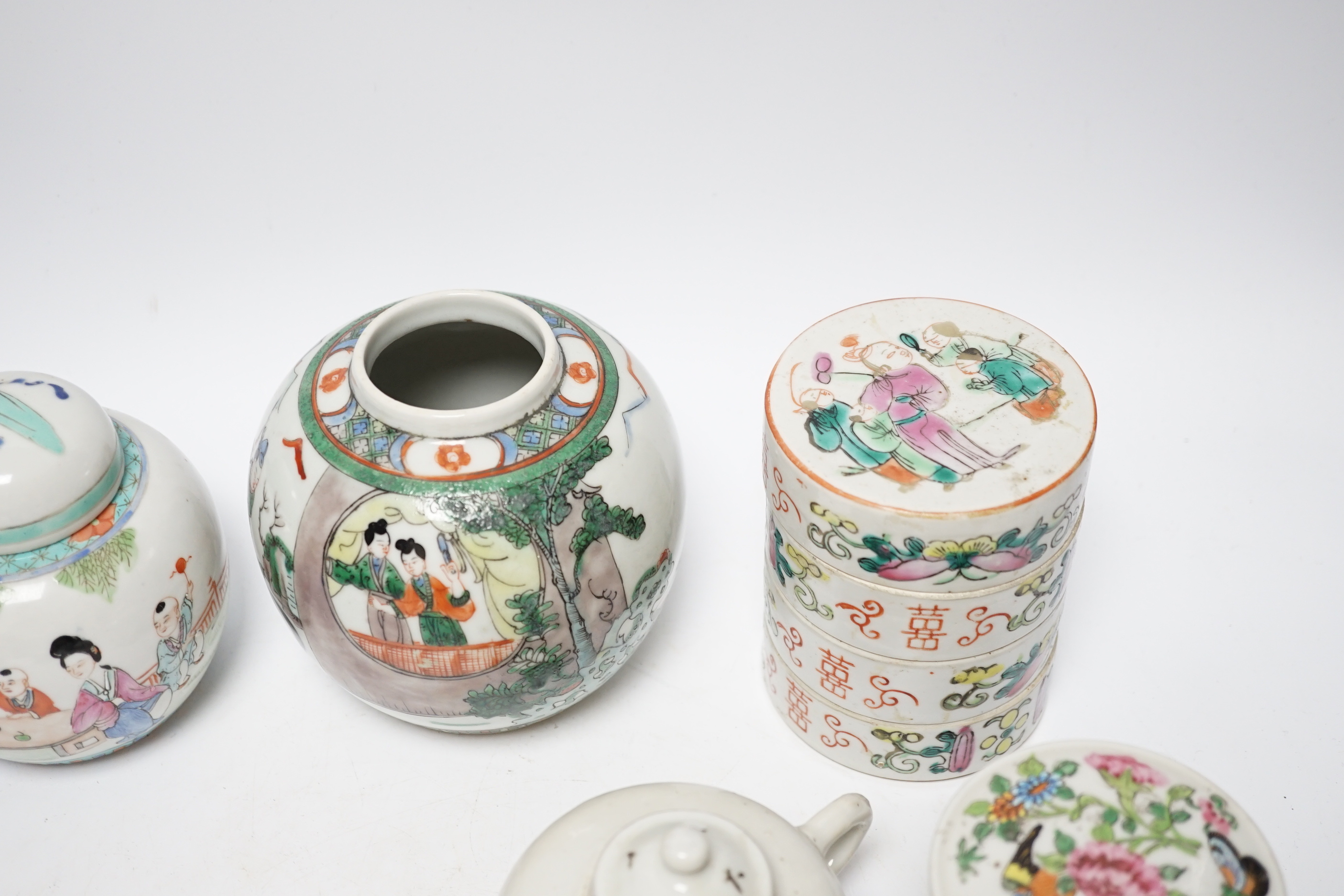 A group of 19th/20th century Chinese famille rose boxes and covers and jars etc., tallest 11.5cm